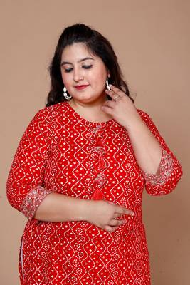 Red Bandhani Printed Straight Kurta - Plus Size 4