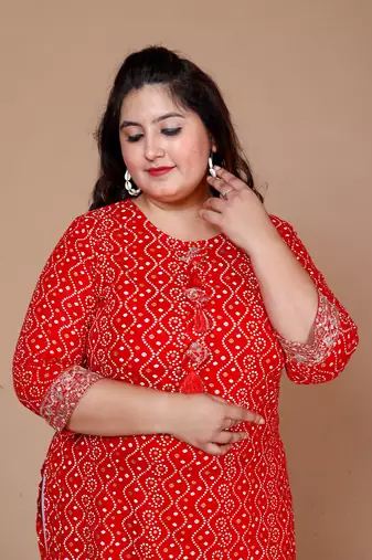 Red Bandhani Printed Straight Kurta - Plus Size
