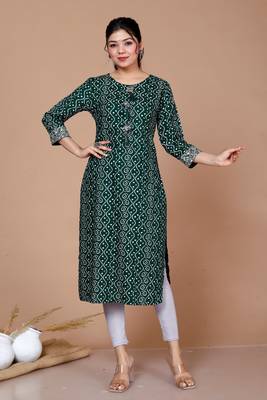 Rayon Bandhani Print Straight Kurta Green - Plus Size 1
