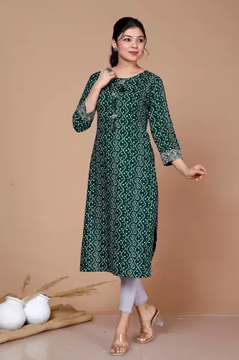 Rayon Bandhani Print Straight Kurta Green - Plus Size