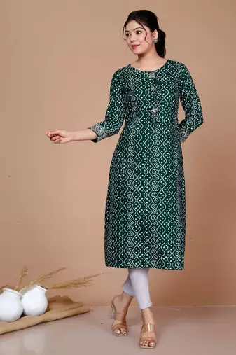 Rayon Bandhani Print Straight Kurta Green - Plus Size