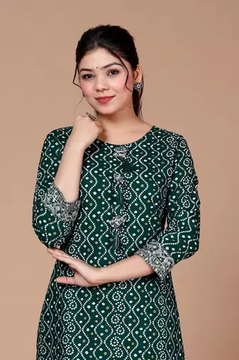 Rayon Bandhani Print Straight Kurta Green - Plus Size