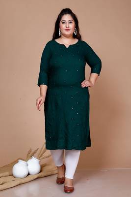 Green Mirror Work Straight Kurta - Plus Size 1