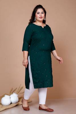 Green Mirror Work Straight Kurta - Plus Size 2