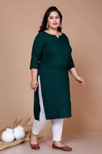 Green Mirror Work Straight Kurta - Plus Size