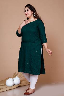 Green Mirror Work Straight Kurta - Plus Size 3