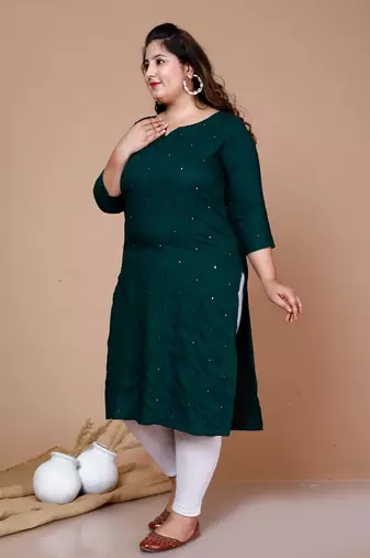 Green Mirror Work Straight Kurta - Plus Size
