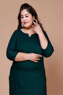 Green Mirror Work Straight Kurta - Plus Size 4