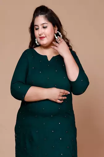 Green Mirror Work Straight Kurta - Plus Size