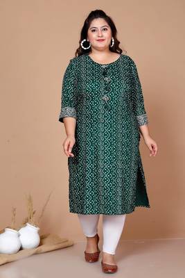 Rayon Bandhani Print Straight Kurta Green - Plus Size 1