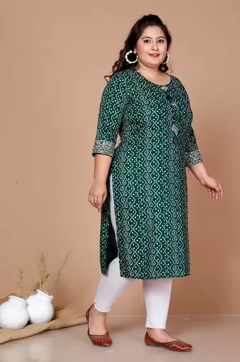 Rayon Bandhani Print Straight Kurta Green - Plus Size