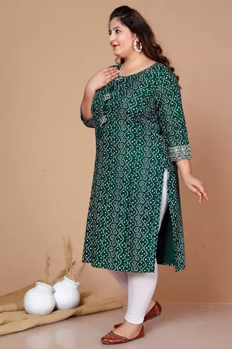 Rayon Bandhani Print Straight Kurta Green - Plus Size