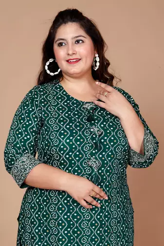 Rayon Bandhani Print Straight Kurta Green - Plus Size