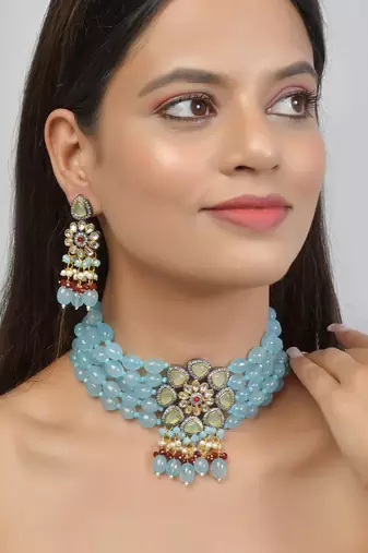 Blue Brass Beaded Jewellery Necklace Set
