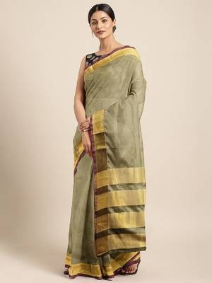 Cotton Silk Golden Zari Tissue Contrast Border Saree With Desingner Jacqaurd Blouse. 1