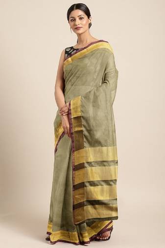 Cotton Silk Golden Zari Tissue Contrast Border Saree With Desingner Jacqaurd Blouse.