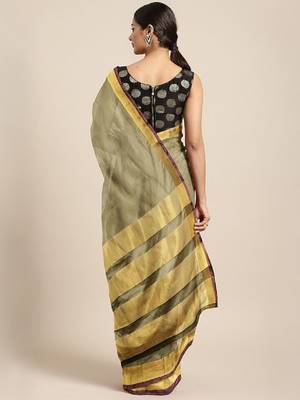 Cotton Silk Golden Zari Tissue Contrast Border Saree With Desingner Jacqaurd Blouse. 2