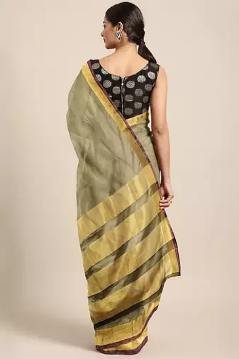 Cotton Silk Golden Zari Tissue Contrast Border Saree With Desingner Jacqaurd Blouse.