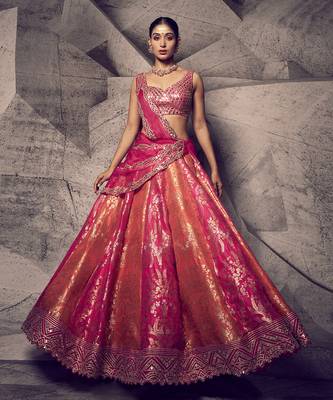 Orange and Pink Brocade Zari Work Lehenga  1