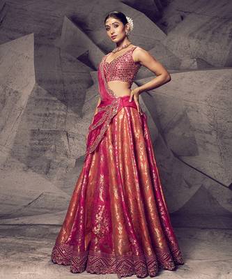 Orange and Pink Brocade Zari Work Lehenga  2