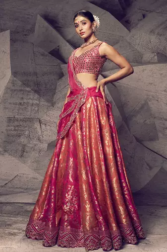 Orange and Pink Brocade Zari Work Lehenga 