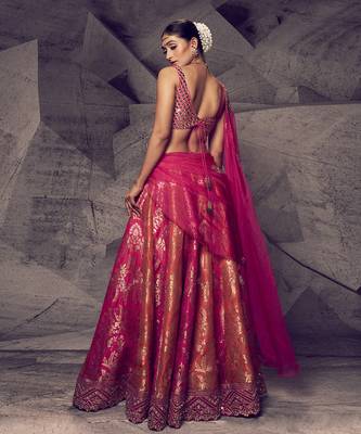 Orange and Pink Brocade Zari Work Lehenga  3