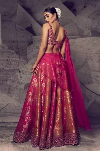 Orange and Pink Brocade Zari Work Lehenga 
