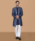 Blue brocade embroidered open jacket set