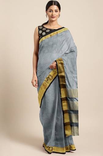 Cotton Silk Golden Zari Tissue Contrast Border Saree With Desingner Jacqaurd Blouse.
