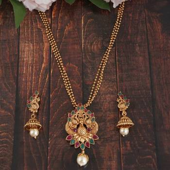 Mansiyaorange matte gold multi   peacock theme pendant chain jewellery  set for women 1