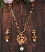 Mansiyaorange matte gold multi   peacock theme pendant chain jewellery  set for women