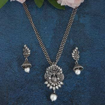 Mansiyaorange oxidized silver  peacock theme pendant chain jewellery  set for women 4