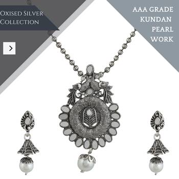 Mansiyaorange oxidized silver  peacock theme pendant chain jewellery  set 3