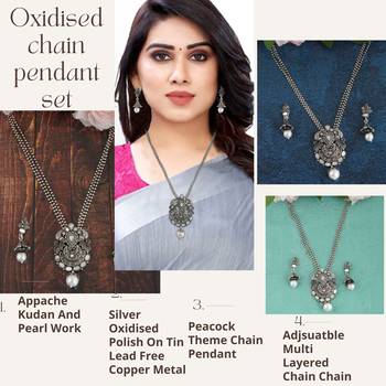 Mansiyaorange oxidized silver  peacock theme pendant chain jewellery  set for women 2