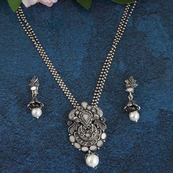 Mansiyaorange oxidized silver  peacock theme pendant chain jewellery  set for women 4