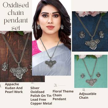 Mansiyaorange oxidized silver floral theme pendant chain jewellery  set for women 2