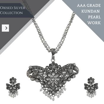 Mansiyaorange oxidized silver floral theme pendant chain jewellery  set for women 3