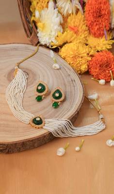 White Pearl Choker Set with Green Drop Pendant 1