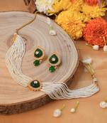 White Pearl Choker Set with Green Drop Pendant
