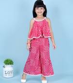 Kids farm girls cotton printed flared crop top with palazzo set-pink