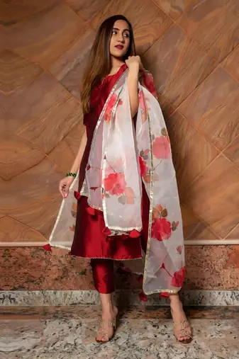 Maroon phool taffeta suit set