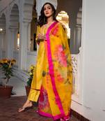 Yellow Cotton Silk Gotti Patta Kurta Set with Floral Dupatta