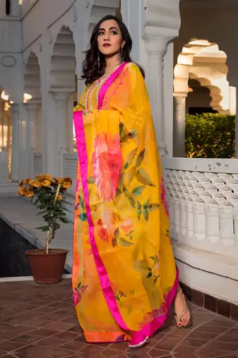 Yellow Cotton Silk Gotti Patta Kurta Set with Floral Dupatta