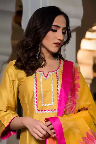 Yellow Cotton Silk Gotti Patta Kurta Set with Floral Dupatta