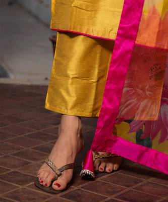 Yellow Cotton Silk Gotti Patta Kurta Set with Floral Dupatta 4