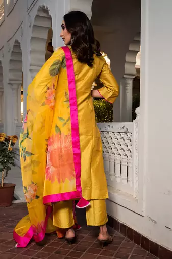 Yellow Cotton Silk Gotti Patta Kurta Set with Floral Dupatta