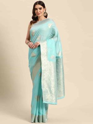 Silk Land  Blue   Woven Design Cotton Blend Saree  1