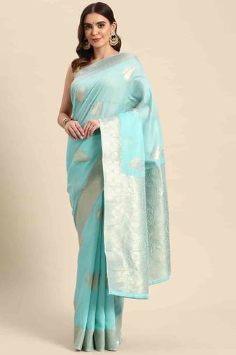 Silk Land  Blue   Woven Design Cotton Blend Saree 