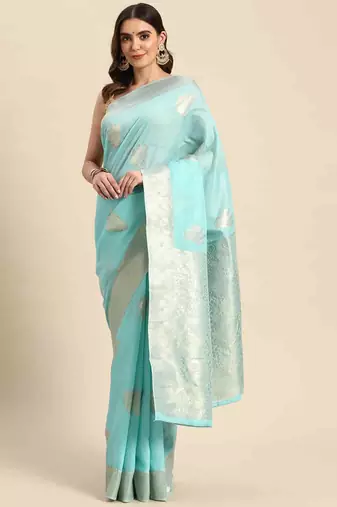 Silk Land  Blue   Woven Design Cotton Blend Saree 