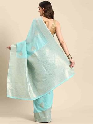 Silk Land  Blue   Woven Design Cotton Blend Saree  2